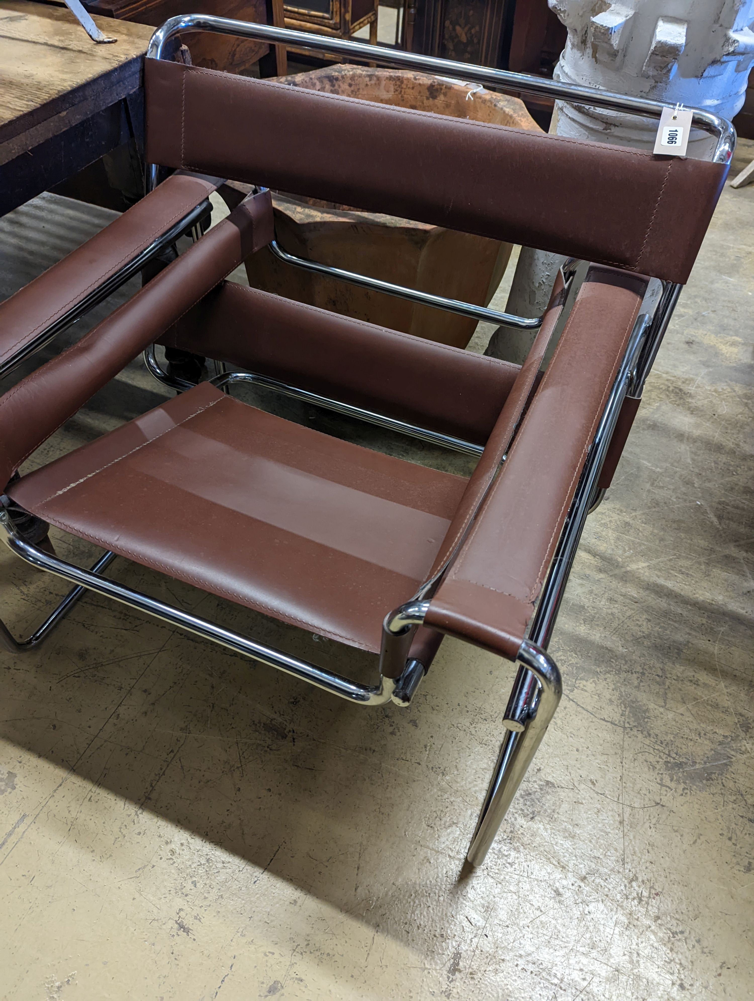 A Wassily style brown leather and chrome lounge chair, width 78cm, depth 68cm, height 75cm